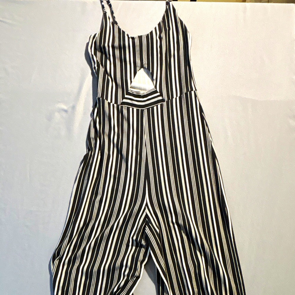 Pull&Bear Womens Black White Striped Wide Leg Cutout Jumpsuit Size S Small
